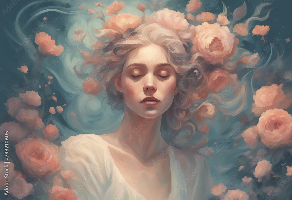 Illustration of a young mysterious woman on an abstract background in pastel delicate colors and flowers