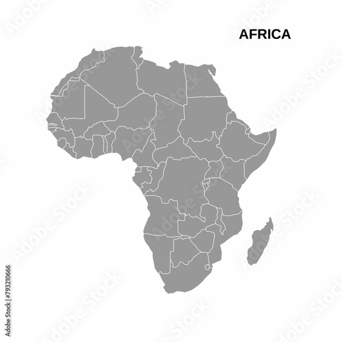 Illustration of African continent gray color  isolate on white background.  Map of Africa and the island of Madagascar cartographic drawing.