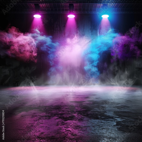 Moody and dark stage featuring a vibrant mix of blue  purple  and pink neon lights  spotlit smoky atmosphere  and asphalt flooring  tailored for displaying products in a studio setting