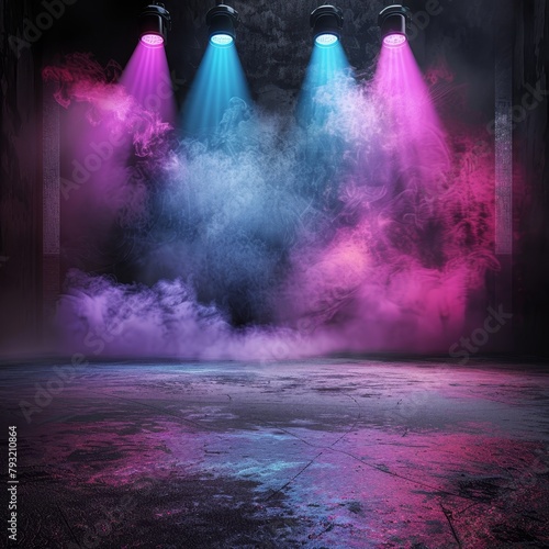 Moody and dark stage featuring a vibrant mix of blue, purple, and pink neon lights, spotlit smoky atmosphere, and asphalt flooring, tailored for displaying products in a studio setting
