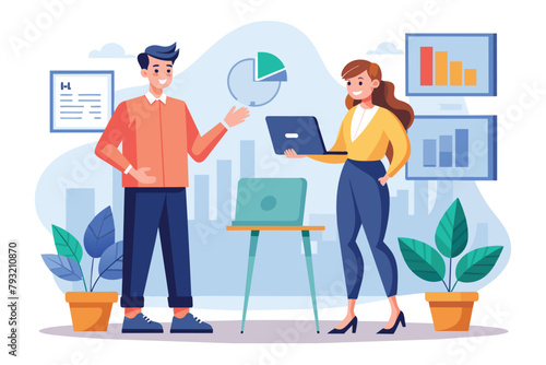 Man and Woman Standing in Front of Laptop, man and woman present jobs in front of the room about the growth of the company, Simple and minimalist flat Vector Illustration