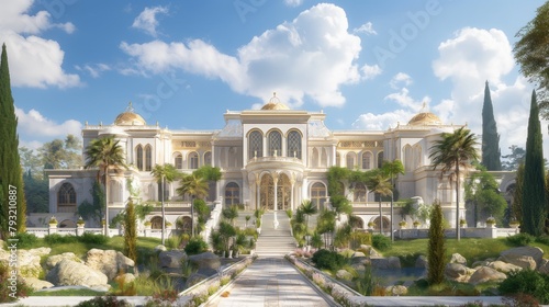 Wallpaper Mural a modern European-style villa, a backdrop of clear blue skies and fluffy white clouds, with its immense size and resplendent golden accents, including a luxuriously adorned gate. Torontodigital.ca