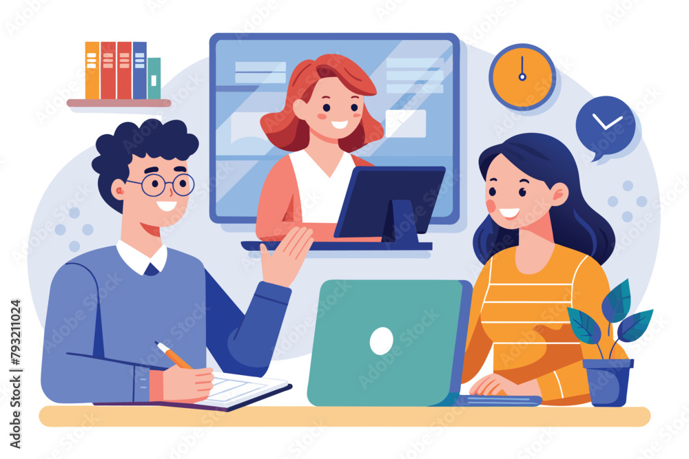 Group of People Sitting Around a Laptop Computer, A woman studying on internet, taking online course, Simple and minimalist flat Vector Illustration Group of People Sitting Around a Laptop Computer, A woman studying on internet, taking online course, Simple and minimalist flat Vector Illustration