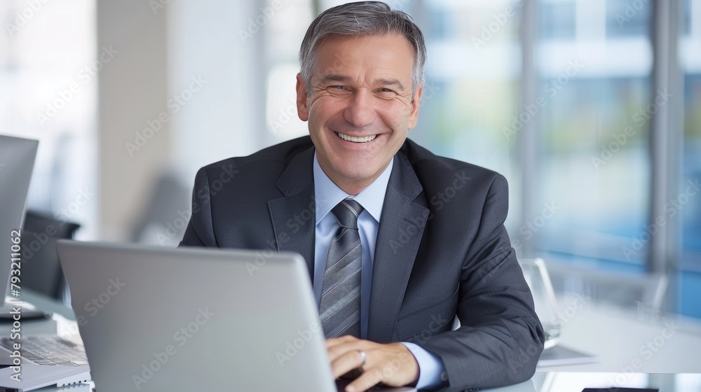 Smiling businessman working on laptop in office Smiling businessman working on laptop in office