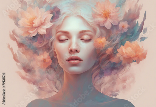 Illustration of a young mysterious woman on an abstract background in pastel delicate colors and flowers