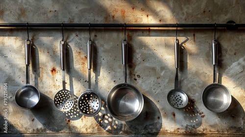kitchen wall with cooking tools hanging from hooks photo