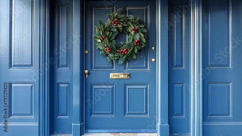  A blue front door adorned with a wreath and equipped with a door handle on its side