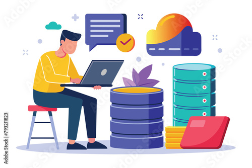 A man sits at a desk with a laptop in front of stacks of data, appearing focused on his work, man backup database via laptop, Simple and minimalist flat Vector Illustration