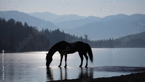 Eerie Horse Silhouette on the Lake's Coastline