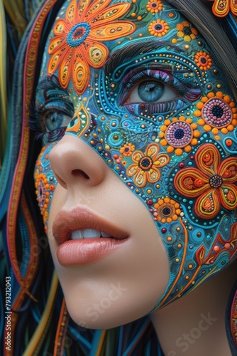 A close up of a woman's face painted with colorful designs, AI