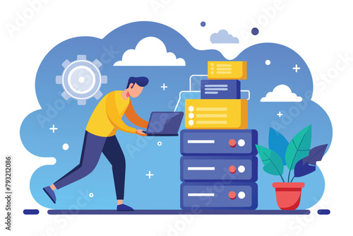 A man is pushing a stack of files onto a laptop, symbolizing digital file organization, man backups data in cloud, Simple and minimalist flat Vector Illustration