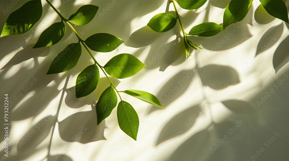 Bright background with green leaves and shadow of plants