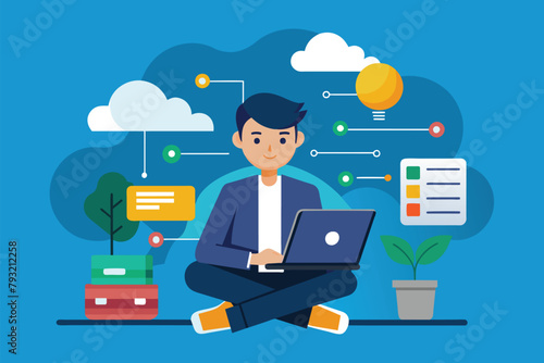 A man sits on the floor, actively using a laptop to synchronize cloud data, man by synchronizing cloud data, Simple and minimalist flat Vector Illustration