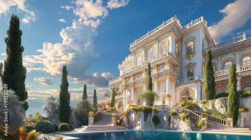 a modern European-style villa, a backdrop of clear blue skies and fluffy white clouds, with its immense size and resplendent golden accents, including a luxuriously adorned gate. photo