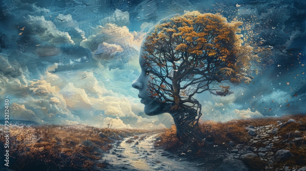 A surreal 3D illustration portraying the concept of brain, mind, way, soul, and hope, depicted through mystery artwork and imagination painting, representing the idea of success. - obrazy, fototapety, plakaty 