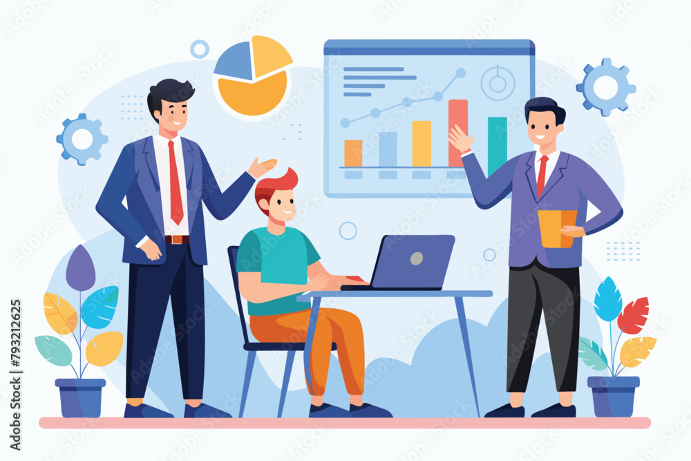 Fototapeta premium Man Coaching Businessmen Around Laptop, A manager coach explaining statistics to businessmen, trending, Simple and minimalist flat Vector Illustration