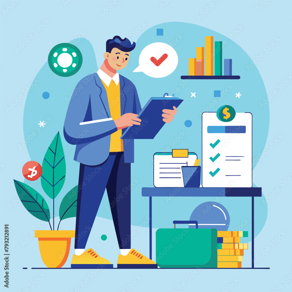 A man standing in a business setting, holding a clipboard in front of a desk, Man doing annual financial check in business, Simple and minimalist flat Vector Illustration A man standing in a business setting, holding a clipboard in front of a desk, Man doing annual financial check in business, Simple and minimalist flat Vector Illustration