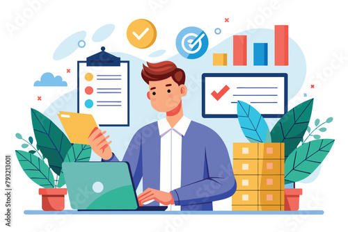 A man seated at a desk  focusing on his laptop screen while working on financial tasks  Man doing annual financial check in business  Simple and minimalist flat Vector Illustration