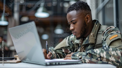young black man studying for army admission, soldier, duty calls