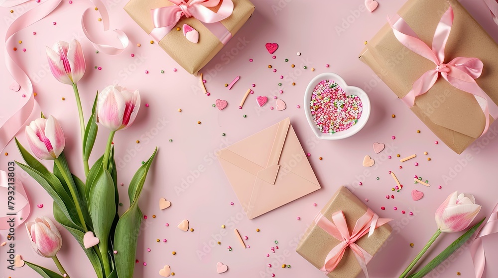 Celebrate Mother s Day with a picturesque scene featuring a top down view of beautifully wrapped gift boxes adorned with ribbons a colorful bunch of pink tulips a heart shaped saucer filled Celebrate Mother s Day with a picturesque scene featuring a top down view of beautifully wrapped gift boxes adorned with ribbons a colorful bunch of pink tulips a heart shaped saucer filled