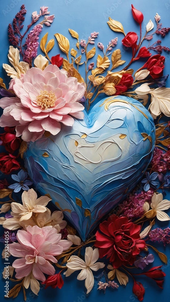 Glossy, blue heart with intricate details, textures surrounded by vibrant array of flowers. Heart, painted with strokes that give it fluid, dynamic appearance, centerpiece.