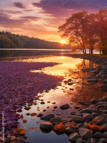 Breathtaking sunset paints sky with warm hues of orange, purple, casting gentle glow over tranquil lake surrounded by lush forest. Suns golden rays pierce through branches of trees.