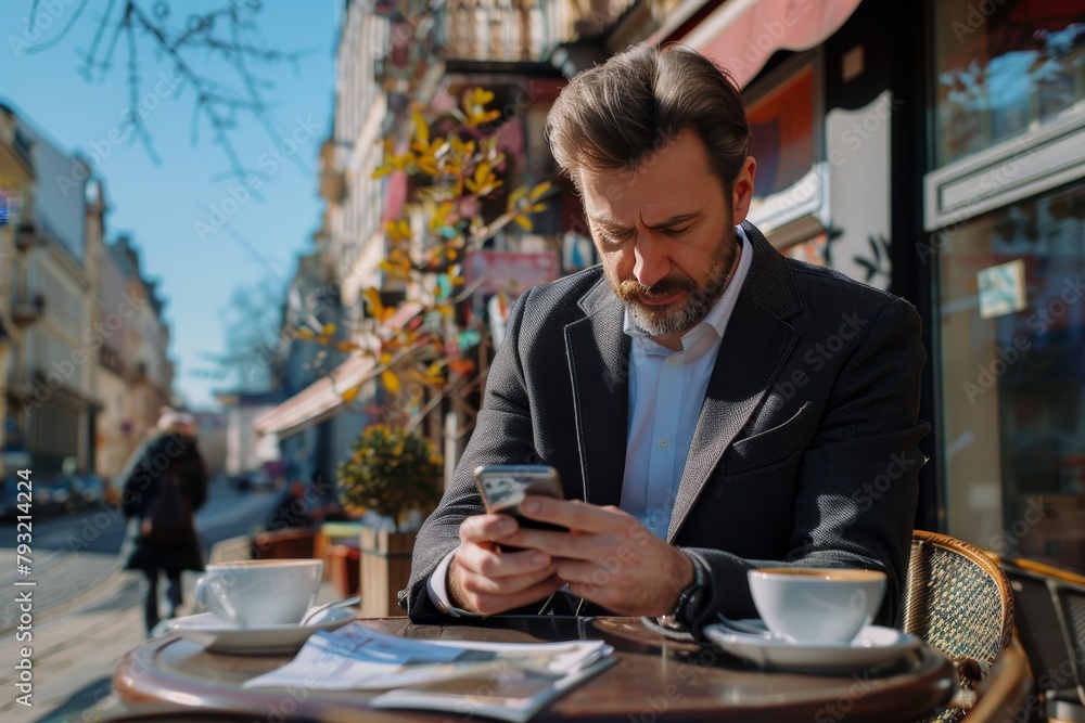 Businessman reading online news on smartphone in city cafe, morning coffee break