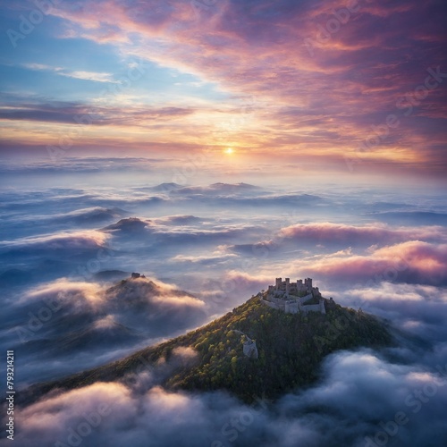 Majestic castle  perched atop lush  green hill  finds itself surrounded by sea of clouds  bathed in golden hues of setting sun. Sky  canvas painted with strokes of pink  purple  orange.