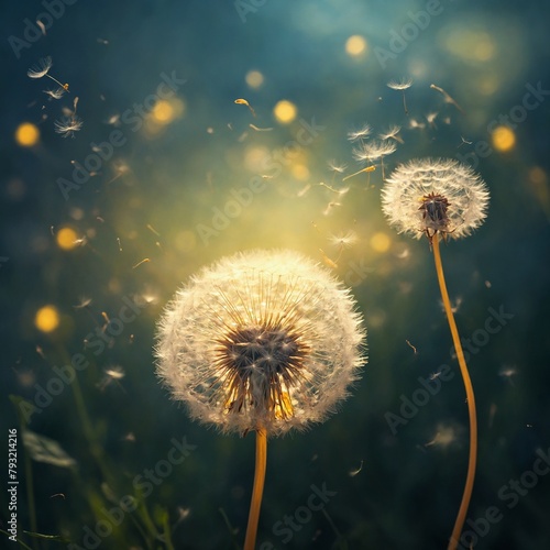 Dandelion seeds find themselves in embrace of wind, setting off on journey that speaks to heart of natures cycle. Scene bathed in sunlight.