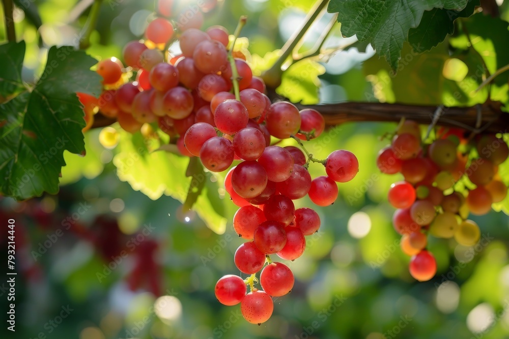 Clusters of ripe red grapes hanging from vines in a picturesque vineyard setting