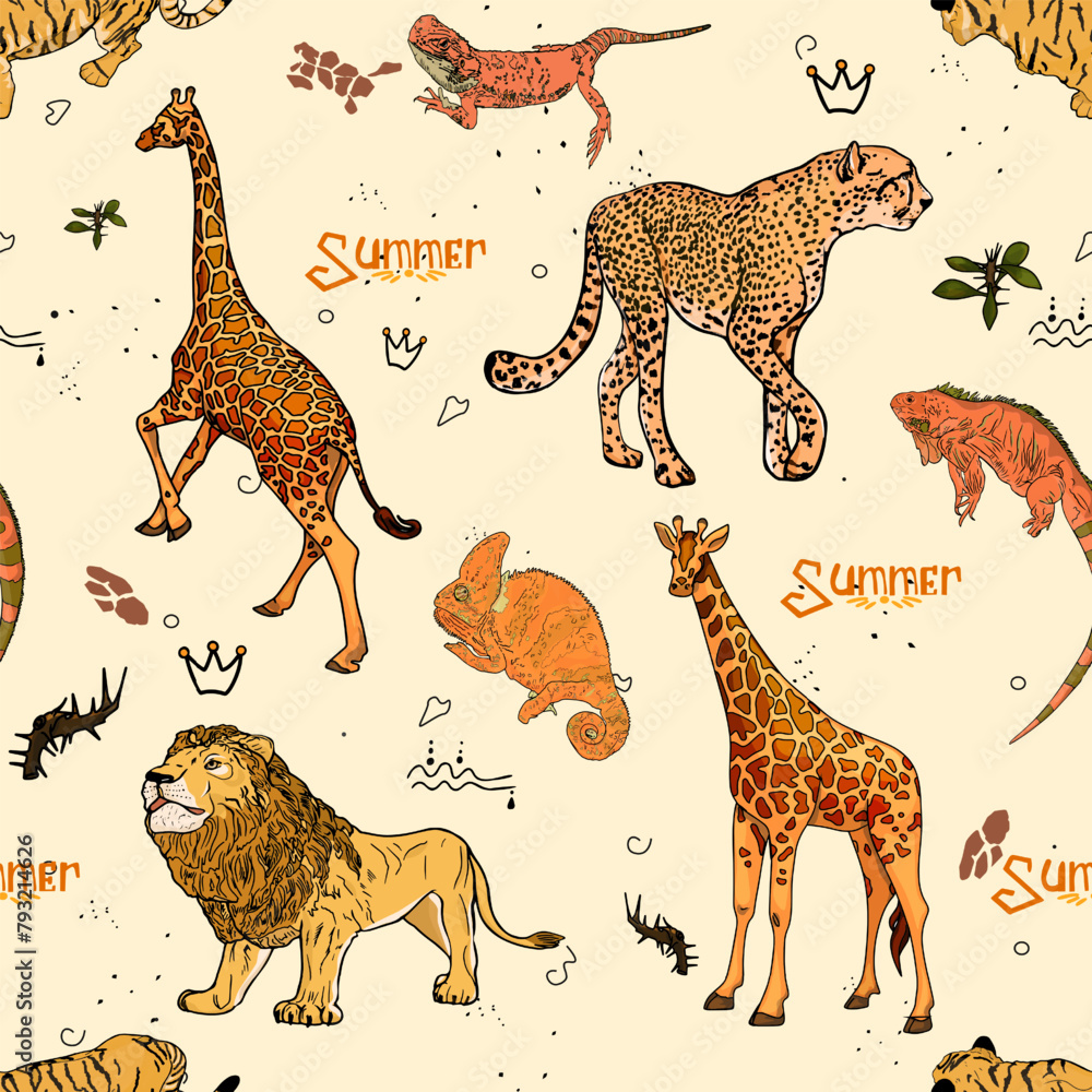 Obraz premium Pattern of african animals. Lion, cheetah, elephant, giraffe, antelope, rhino, zebra, lemur. Palm and banana leaves. For printing, card, clothes, icon, logo