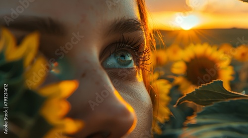 An image depicting the eye of a woman observing the sunset in a sunflower field. photo