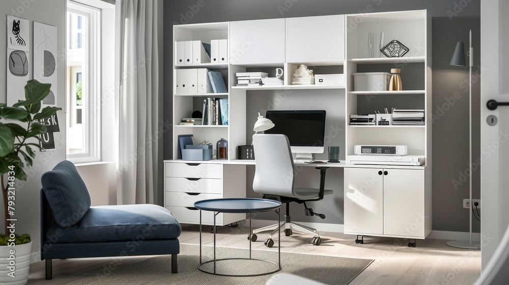 Modern minimalist study area in living room with comfortable blue chaise and organized desk space Modern minimalist study area in living room with comfortable blue chaise and organized desk space