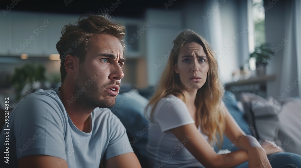 An unhappy couple sitting on a couch at home after an argument, expressing frustration and anger towards each other, particularly the woman feeling stressed and upset by her boyfriend's actions. An unhappy couple sitting on a couch at home after an argument, expressing frustration and anger towards each other, particularly the woman feeling stressed and upset by her boyfriend's actions.