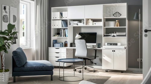 Modern minimalist study area in living room with comfortable blue chaise and organized desk space © Georgii