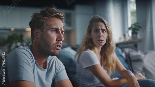 An unhappy couple sitting on a couch at home after an argument, expressing frustration and anger towards each other, particularly the woman feeling stressed and upset by her boyfriend's actions. photo