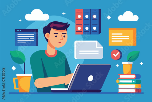 A man sits in front of a laptop, focused on downloading files and installing software, man is downloading files and installing software on laptop, Simple and minimalist flat Vector Illustration