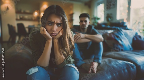 An unhappy couple sitting on a couch at home after an argument, expressing frustration and anger towards each other, particularly the woman feeling stressed and upset by her boyfriend's actions.