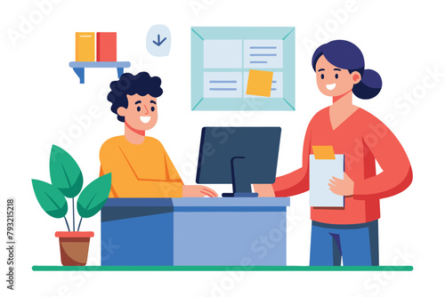 Two individuals discussing work at a desk while using a computer for client orders, man is getting orders from client on computer, Simple and minimalist flat Vector Illustration