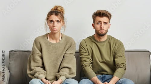 Image of a resentful guy and girl, portraying an arguing couple not speaking to each other while sitting on a couch at home, isolated over a white background. photo