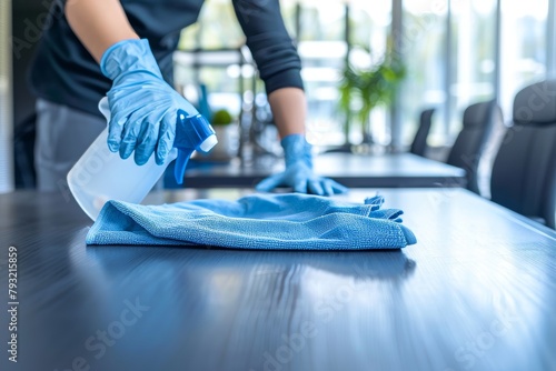 Cleaning staff wiping tables with disinfectant in office room to maintain cleanliness