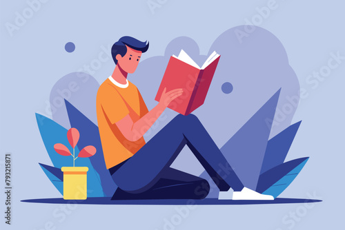 A man sitting on the ground, leaning against a simple a, engrossed in reading a book, man is reading a book leaning on a large, Simple and minimalist flat Vector Illustration