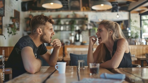 Illustration of a young couple engaged in an argument in a cafe, depicting relationship problems. photo