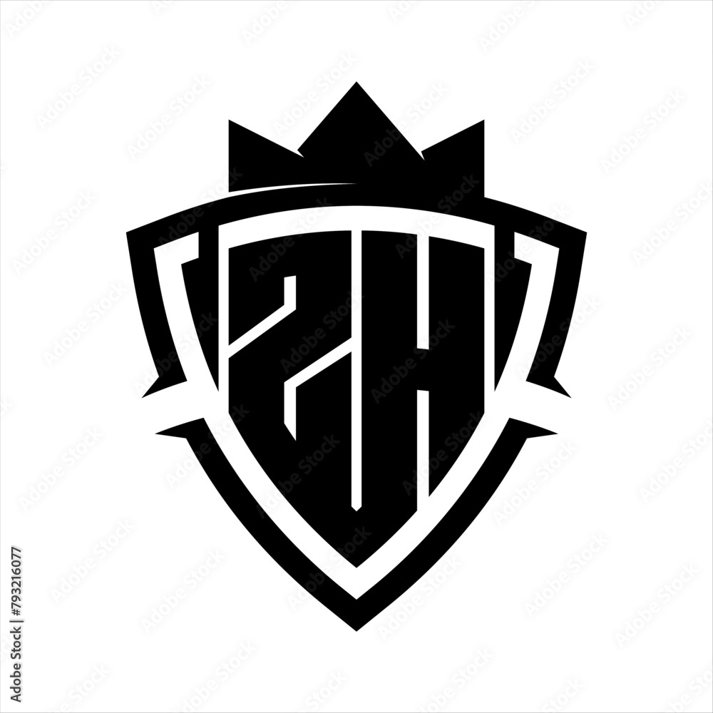 ZH Letter bold monogram triangle curve shield shape with crown black and white background color design ZH Letter bold monogram triangle curve shield shape with crown black and white background color design
