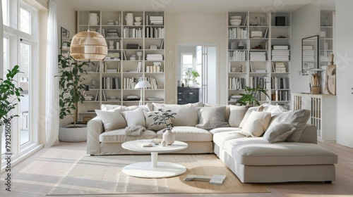 Bright and spacious living room with modern white furnishing and large bookshelves