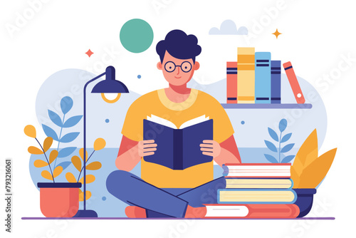 A person sits on the floor absorbed in reading a book, man is reading while sitting learning knowledge book, Simple and minimalist flat Vector Illustration