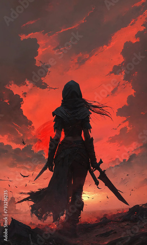 Back view of an assassin woman on a batte field 2