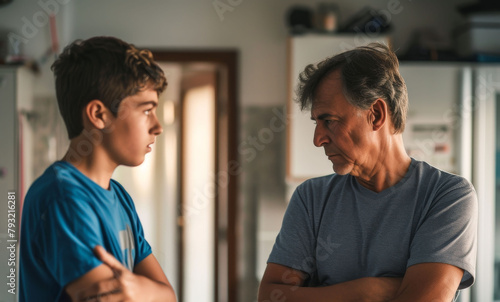 Father and teenage son are arguing at home. Son tells his arguments to father, and father stands with his arms crossed and looks angrily at teenager. Family conflict, quarrel, parenthood difficulties photo