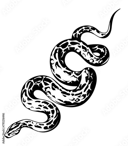 Black and white python PNG illustration. Monochrome boa constrictor. Drawing of a large snake on transparent background. Reptile from the family of scaly snakes.