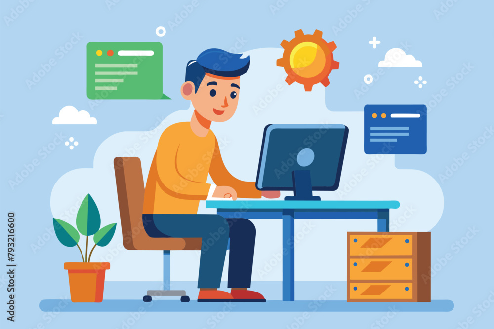 A man sitting at a desk, focused on working with a laptop, man is updating computer, Simple and minimalist flat Vector Illustration